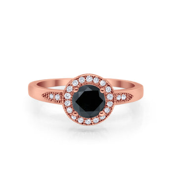 Halo Art Deco Engagement Ring Round Rose Tone, Simulated Black CZ 925 Sterling Silver